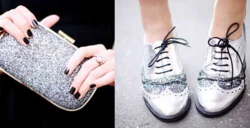 glitter clutch and glitter brogue flats