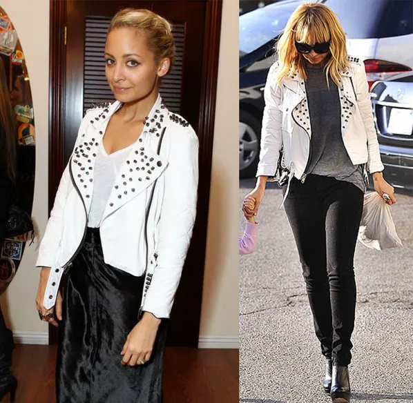 Nicole Richie in Simone White leather Jacket with Gunmetal Studs Nicole Richie in Simone White leather Jacket with Gunmetal Studs