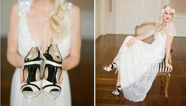 white bridal shoes with black accents