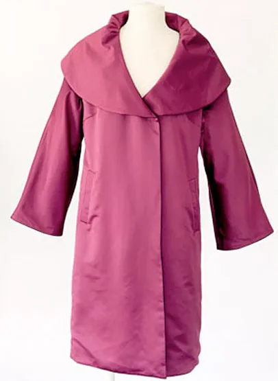 Reversible raspberry satin swing coat