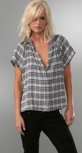 Tucker 3 Stripe Plaid Shirred Collar Blouse