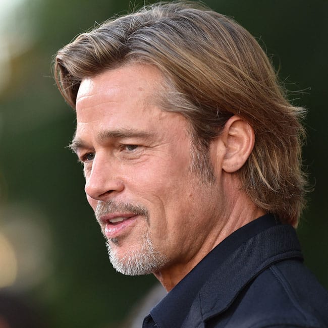 Brad Pitt long hair beard red carpet suit and tie tuxedo