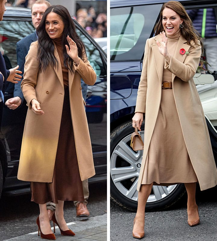 Meghan Markle and Kate Middleton in similar camel-colored long coats