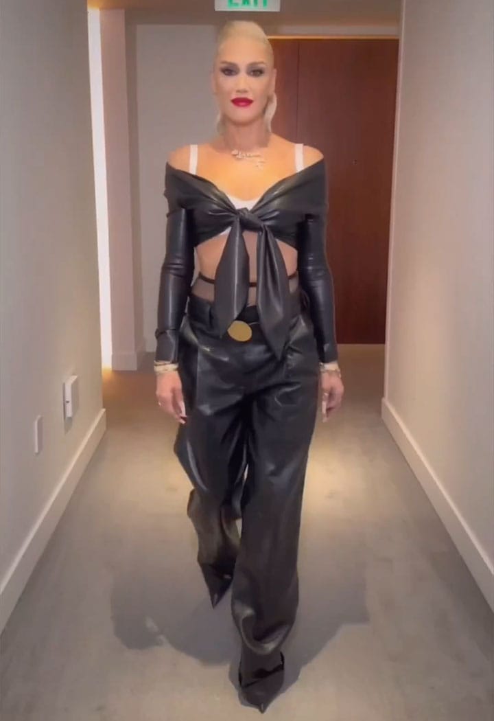 Gwen Stefani leather crop top baggy pants Instagram