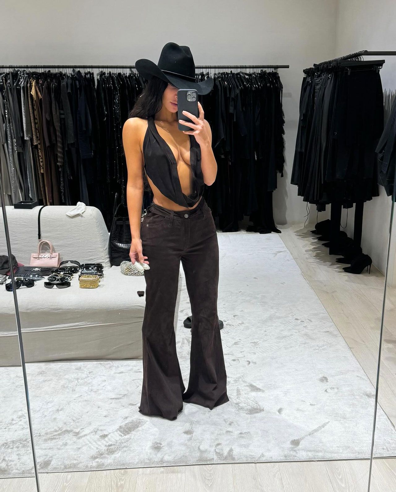 kim kardashian plunging neckline cowboy hat mirror selfie