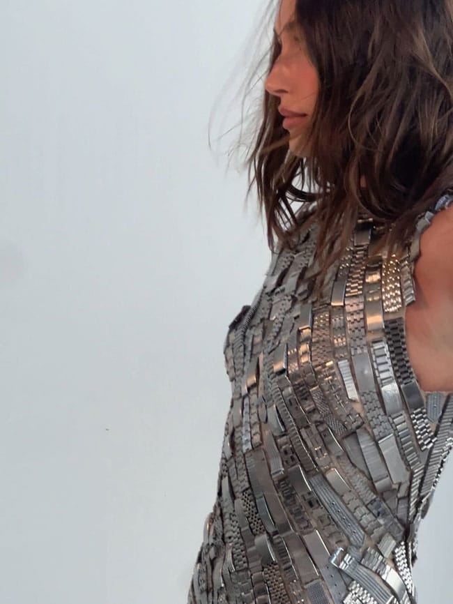 Hailey Bieber watch straps dress Rhode event Miami closeup