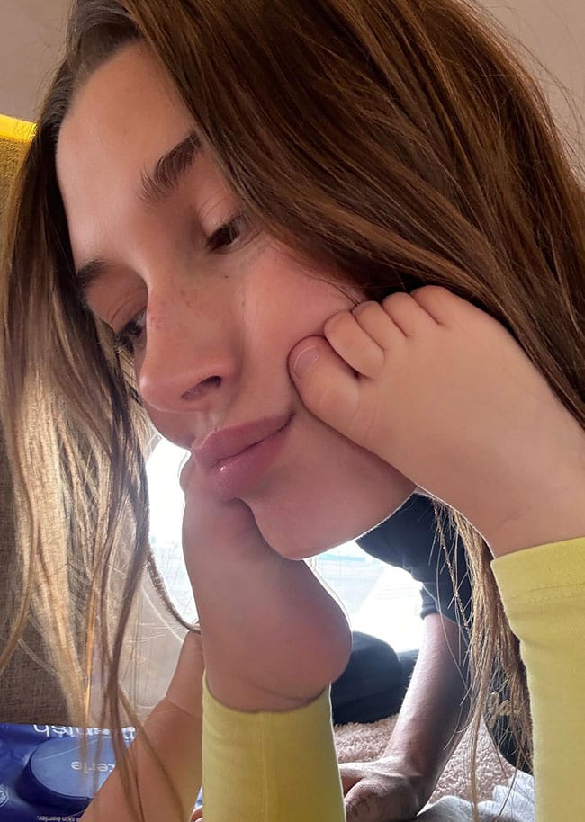 Hailey Bieber son's feet on face