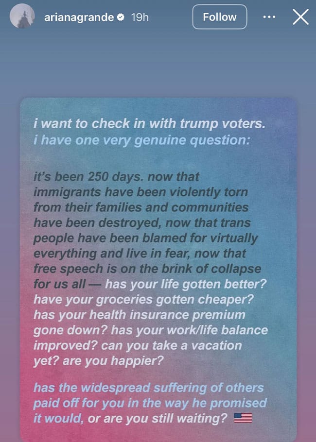 Ariana Grande Instagram Story about Donald Trump