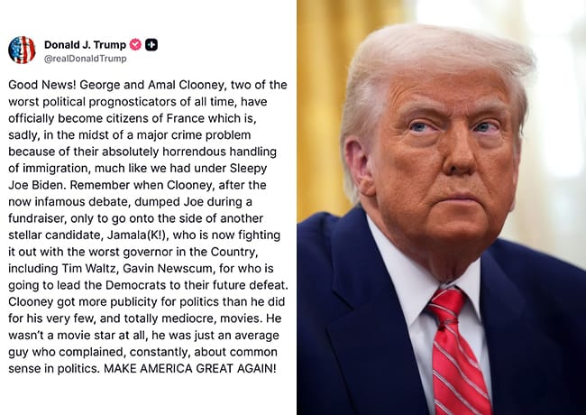 Donald Trump Truth Social post about George and Amal Clooney