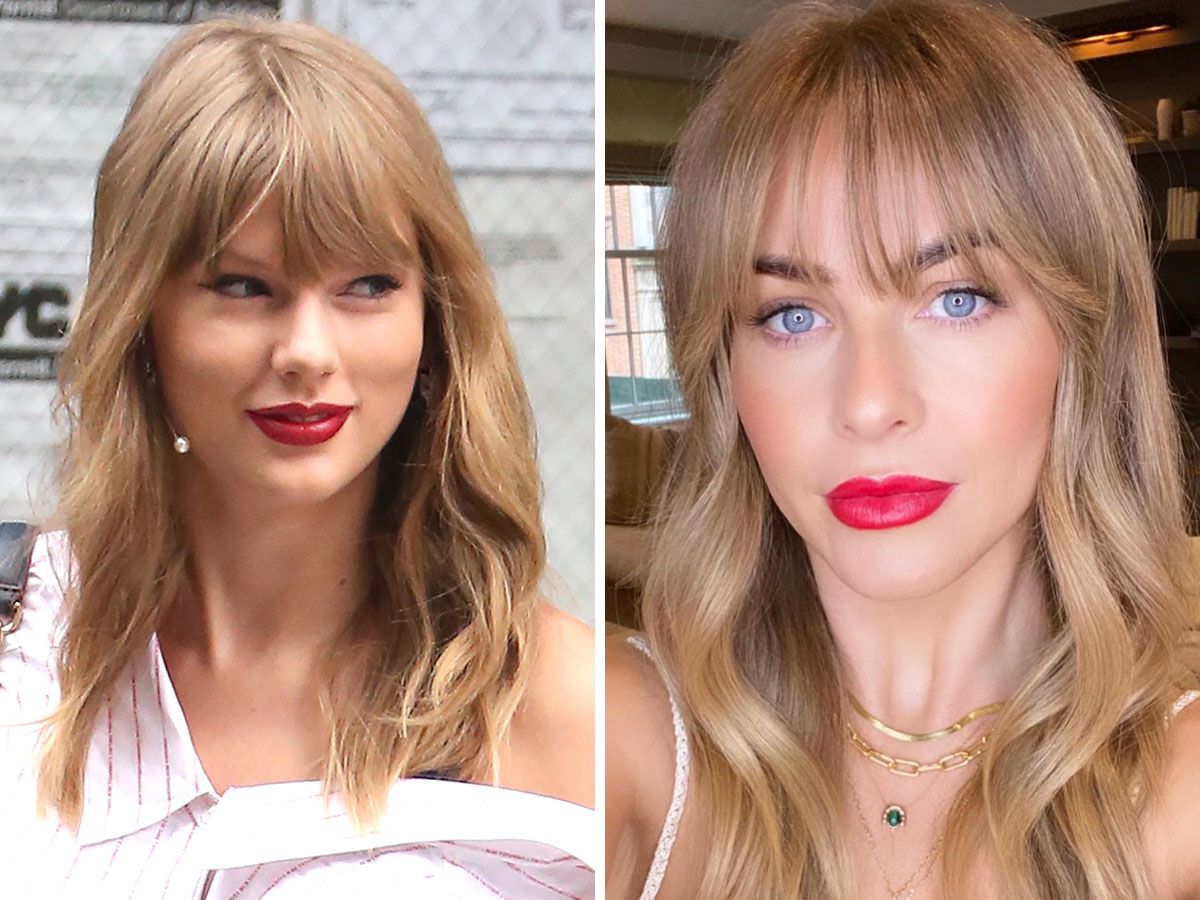 taylor swift julianne hough looking the same blonde hair bangs red lipstick