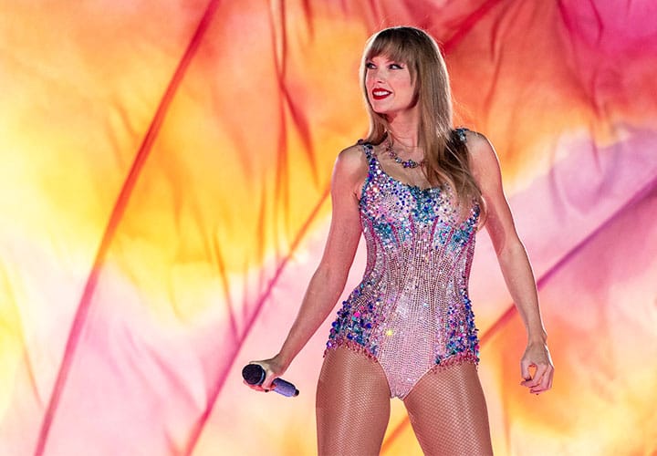 Taylor Swift in a sparkly bodysuit on the Eras Tour