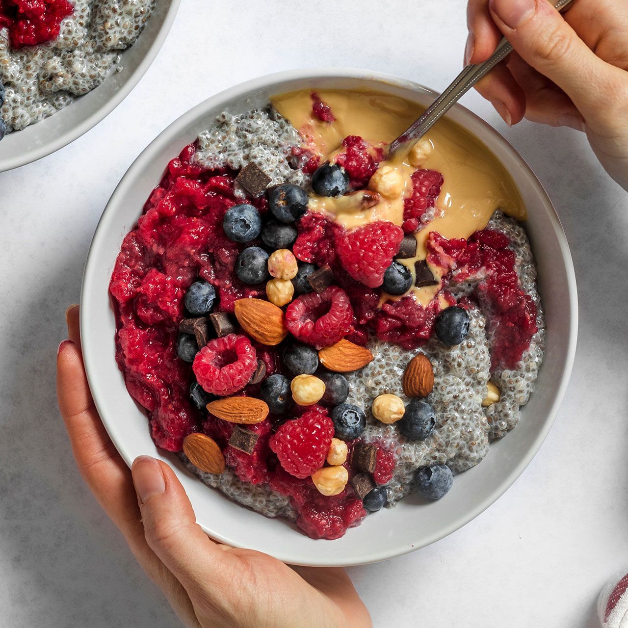 chia pudding with raspberries and nuts