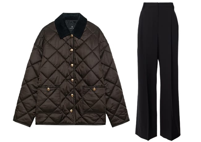 Meghan Markle Anine Bing padded Luca jacket Brunello Cucinelli satin slouchy trousers