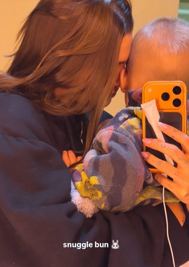 Hailey Bieber snuggles with son Jack