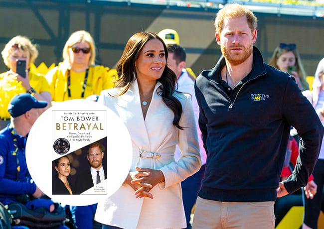 Prince Harry and Meghan Markle with Tom Bower's Betrayal book