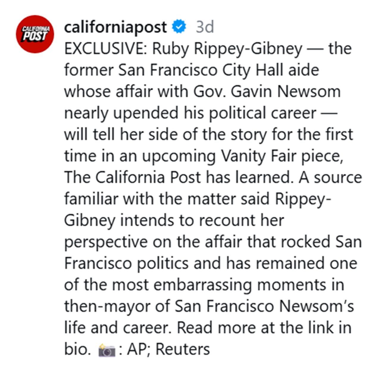 California Post Instagram story about Gavin Newsom Ruby Rippey-Gibney scandal