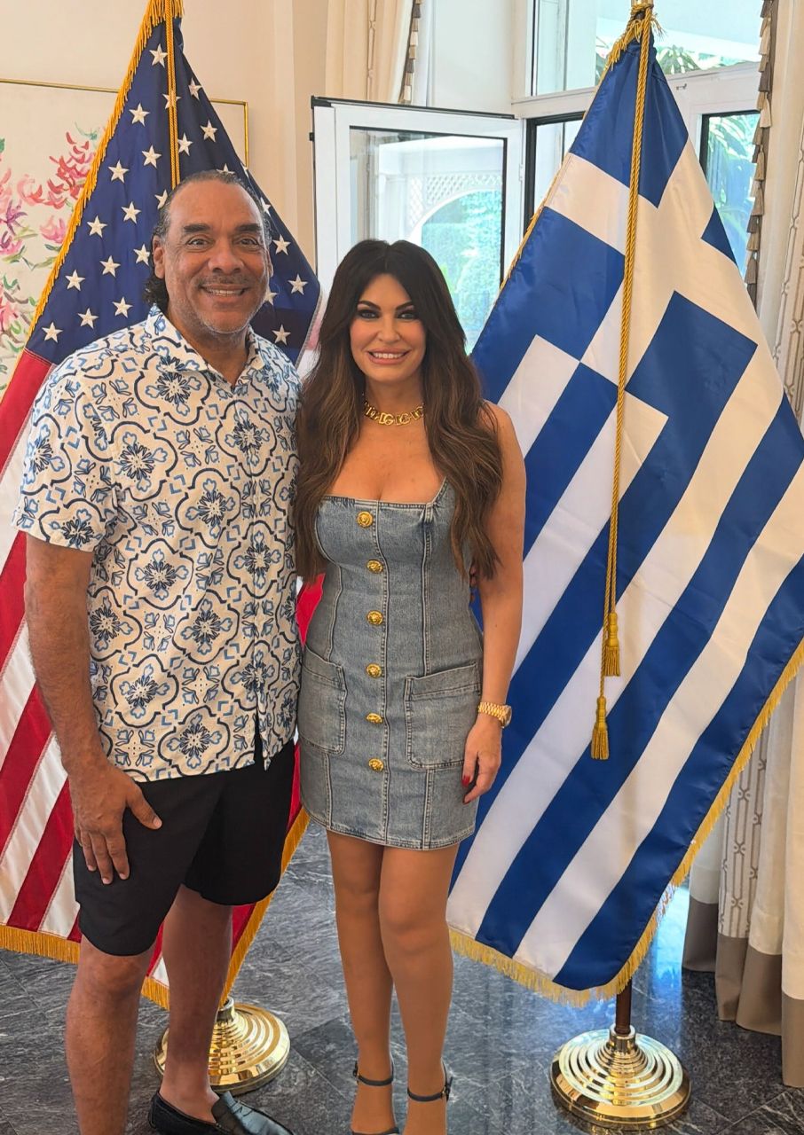 Kimberly Guilfoyle denim mini dress Athens