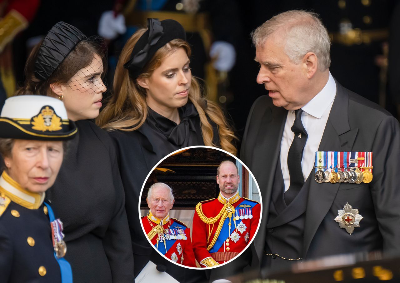 Princess Eugenie and Princess Beatrice with King Charles and Prince William