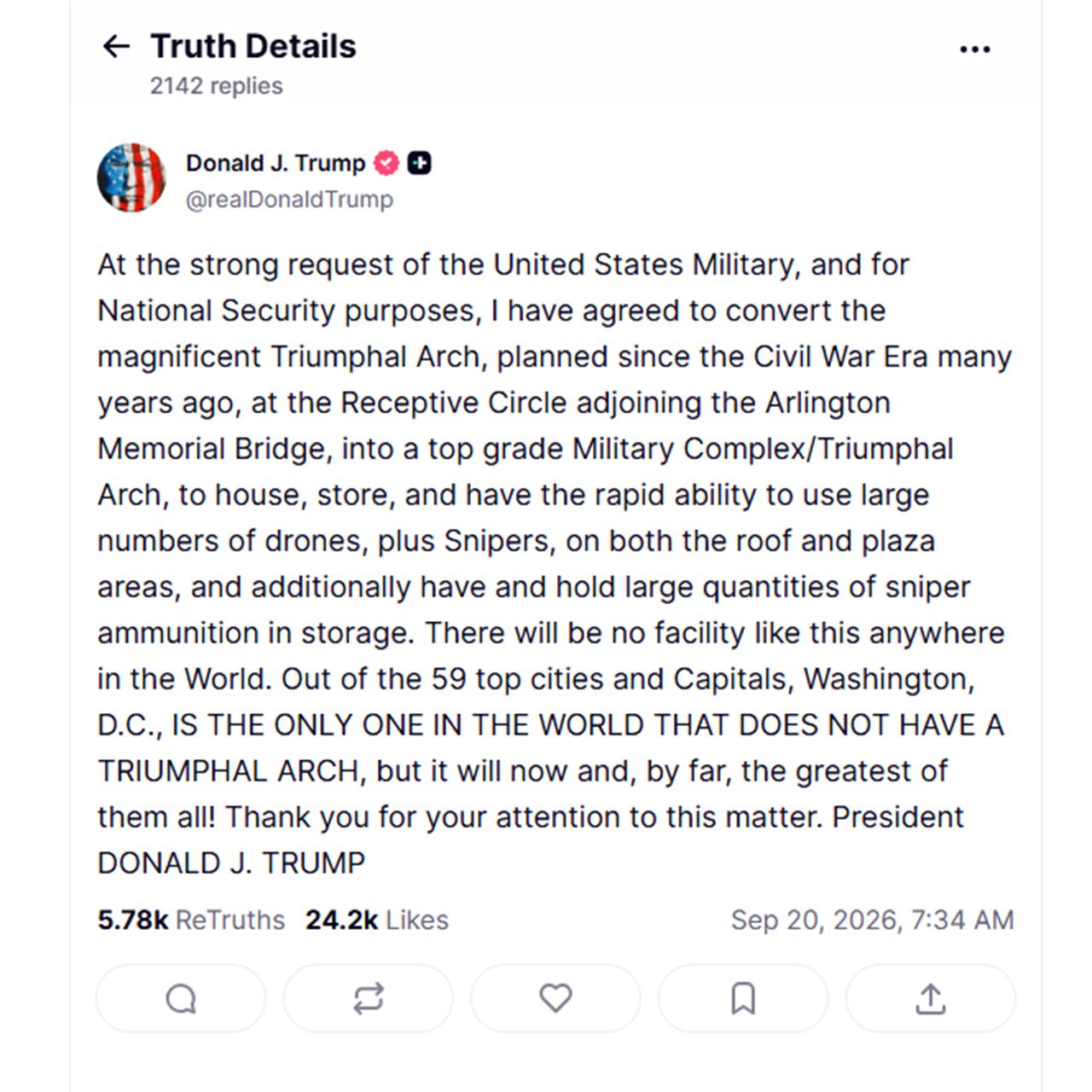 Donald Trump Truth Social post about arch