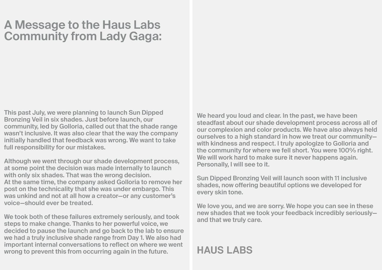 Lady Gaga Golloria Haus Labs apology