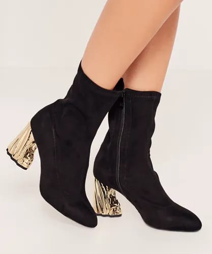 Gold Crushed Detail Heeled Sock Boots