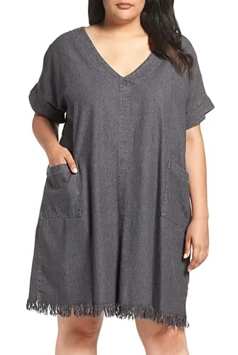 Frayed Hem Denim Shift Dress