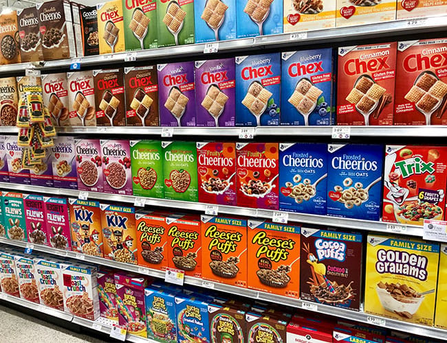 cereal aisle in grocery store