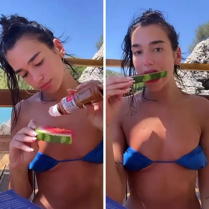 dua lipa instagram story eating watermelon vacation blue bikini top