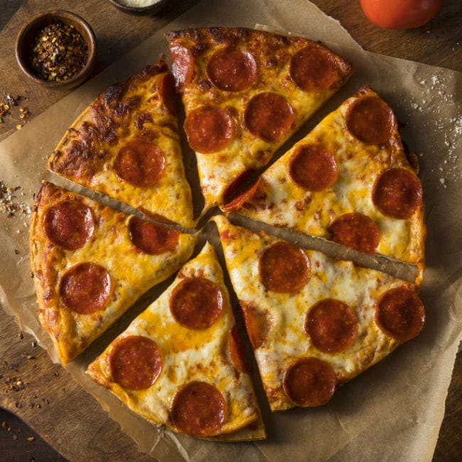 cooked, sliced frozen pizza with pepperoni
