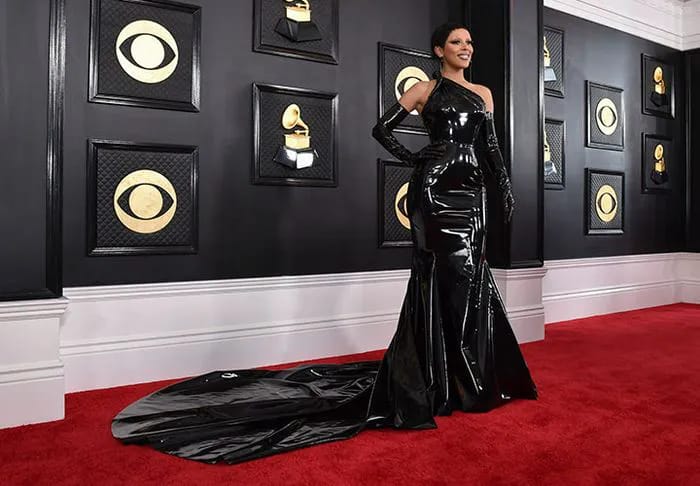 Doja Cat Grammy Awards 2023 black latex Versace dress red carpet