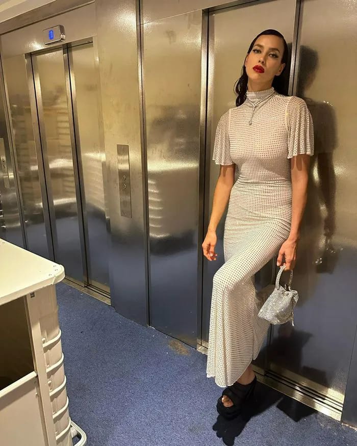 Irina Shayk white Self Portrait rhinestone maxi dress