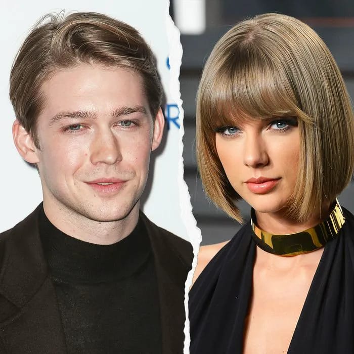 joe alwyn black shirt taylor swift black dress side-by-side split screen