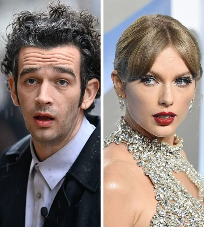 matty healy taylor swift side-by-side split screen tuxedo silver dress