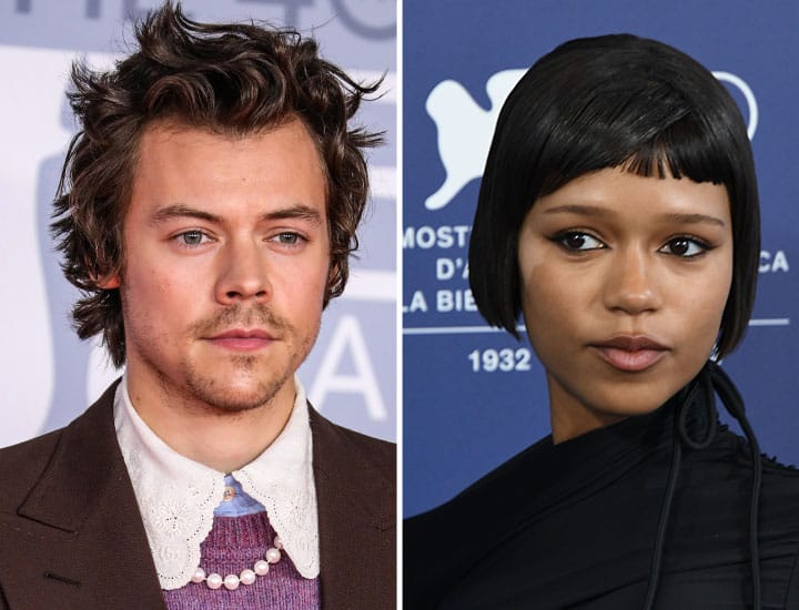 harry styles and taylor russell side-by-side red carpet headshots