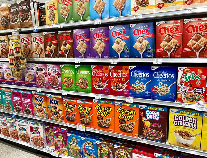 shelves of breakfast cereal