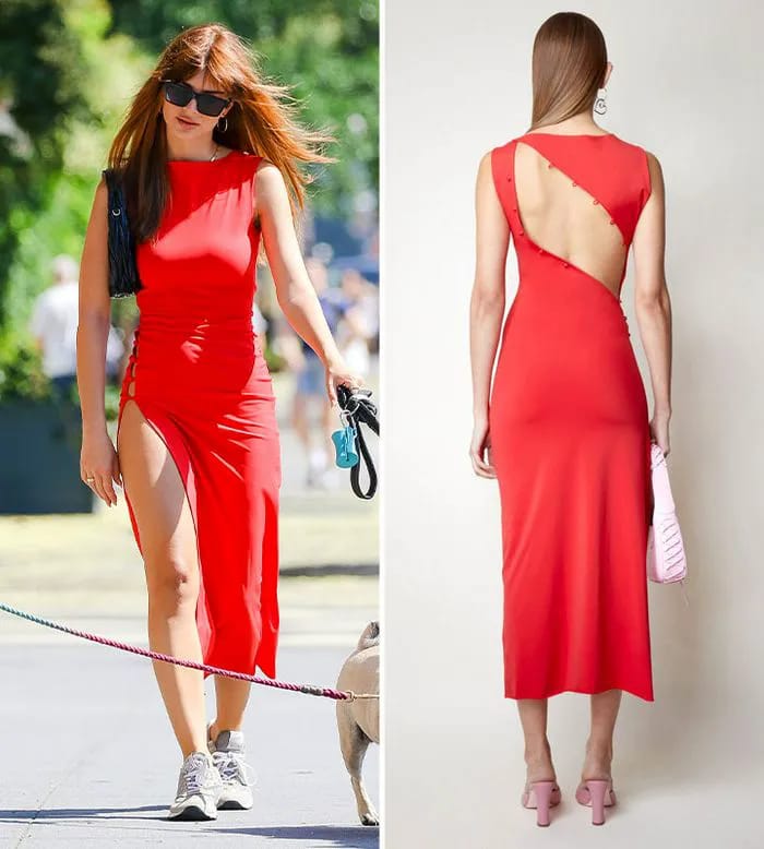 Emily Ratajkowski red high slit Marcia dress