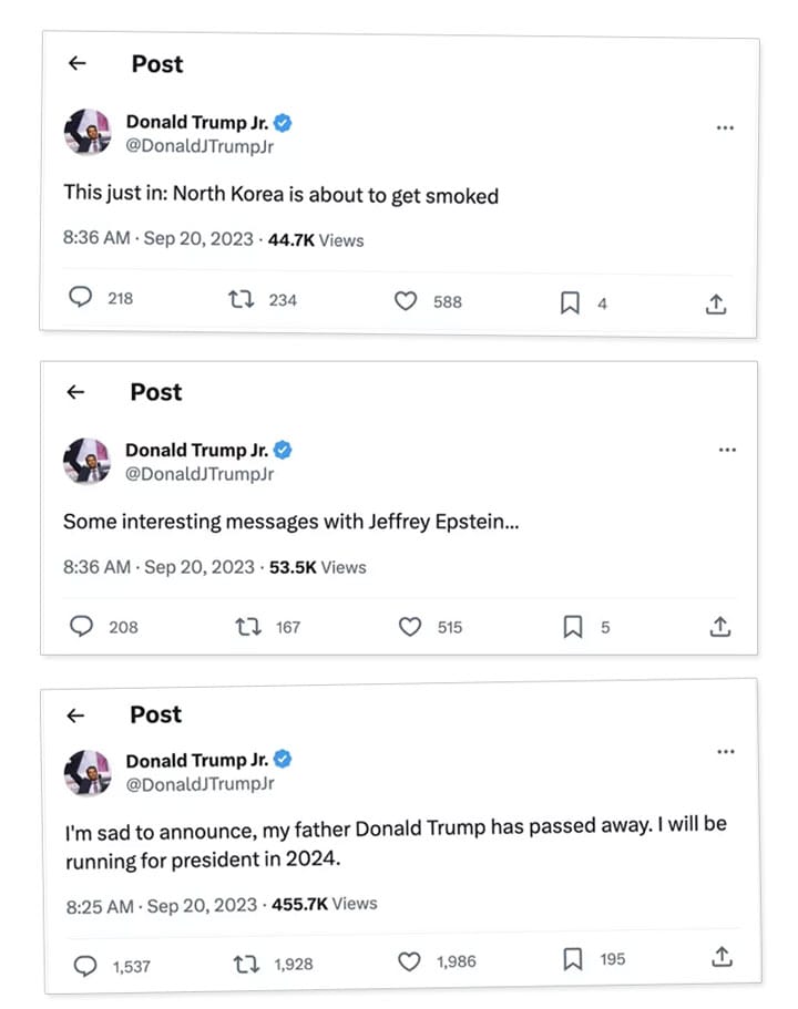 Donald Trump Jr. Twitter hacked 2023 tweets