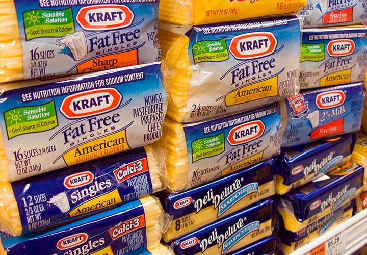 Kraft American Cheese varieties on a store shelf