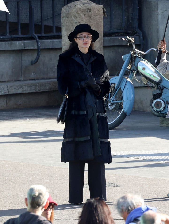 Angelina Jolie on set Maria Callas biopic fur coat
