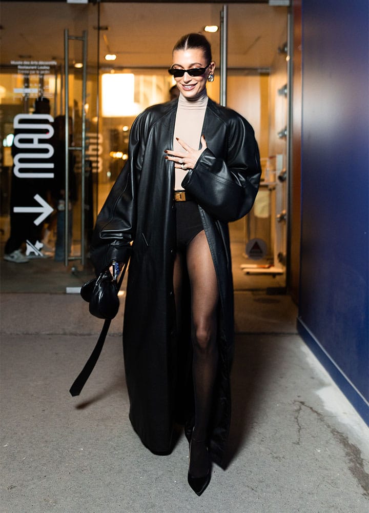 Hailey Bieber leaving Loulou restaurant Paris Petar Petrov hotpants