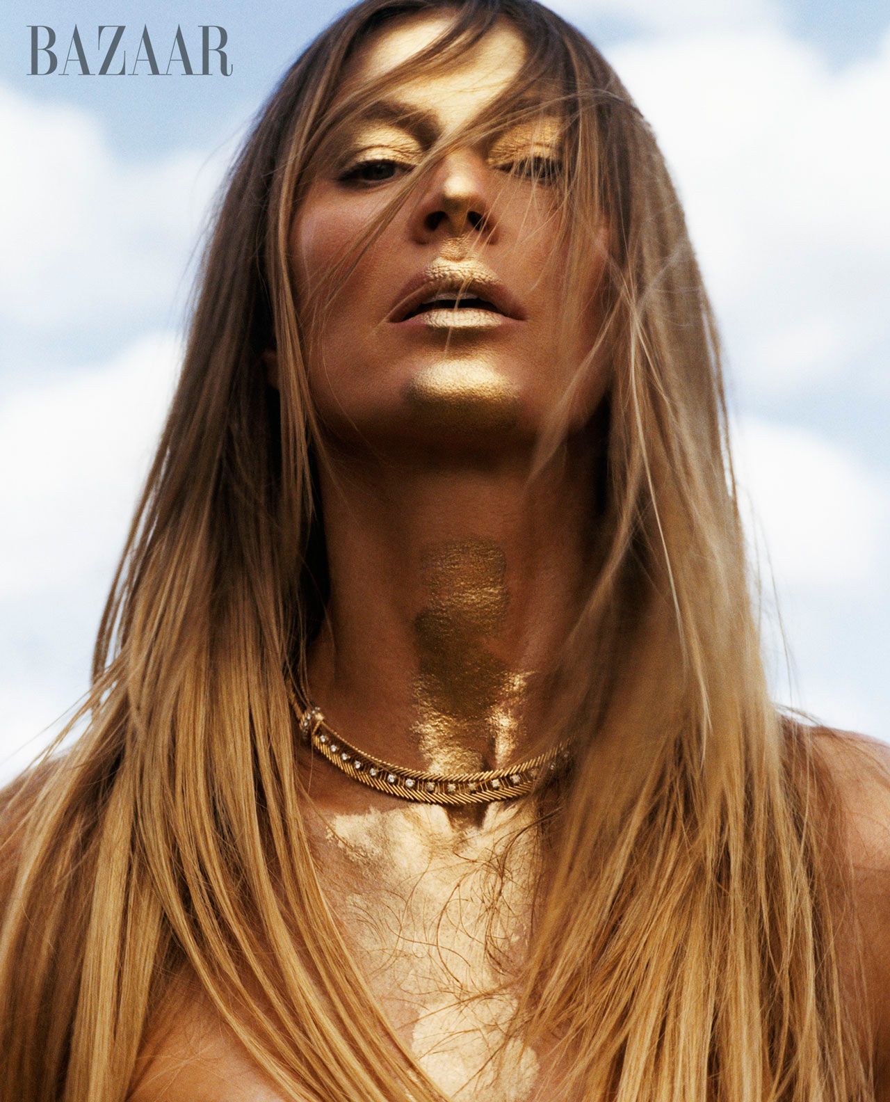 Gisele Bundchen Harper's Bazaar February 2024 Joy issue gold makeup