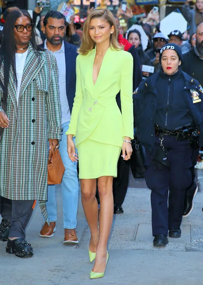zendaya neon green skirt suit
