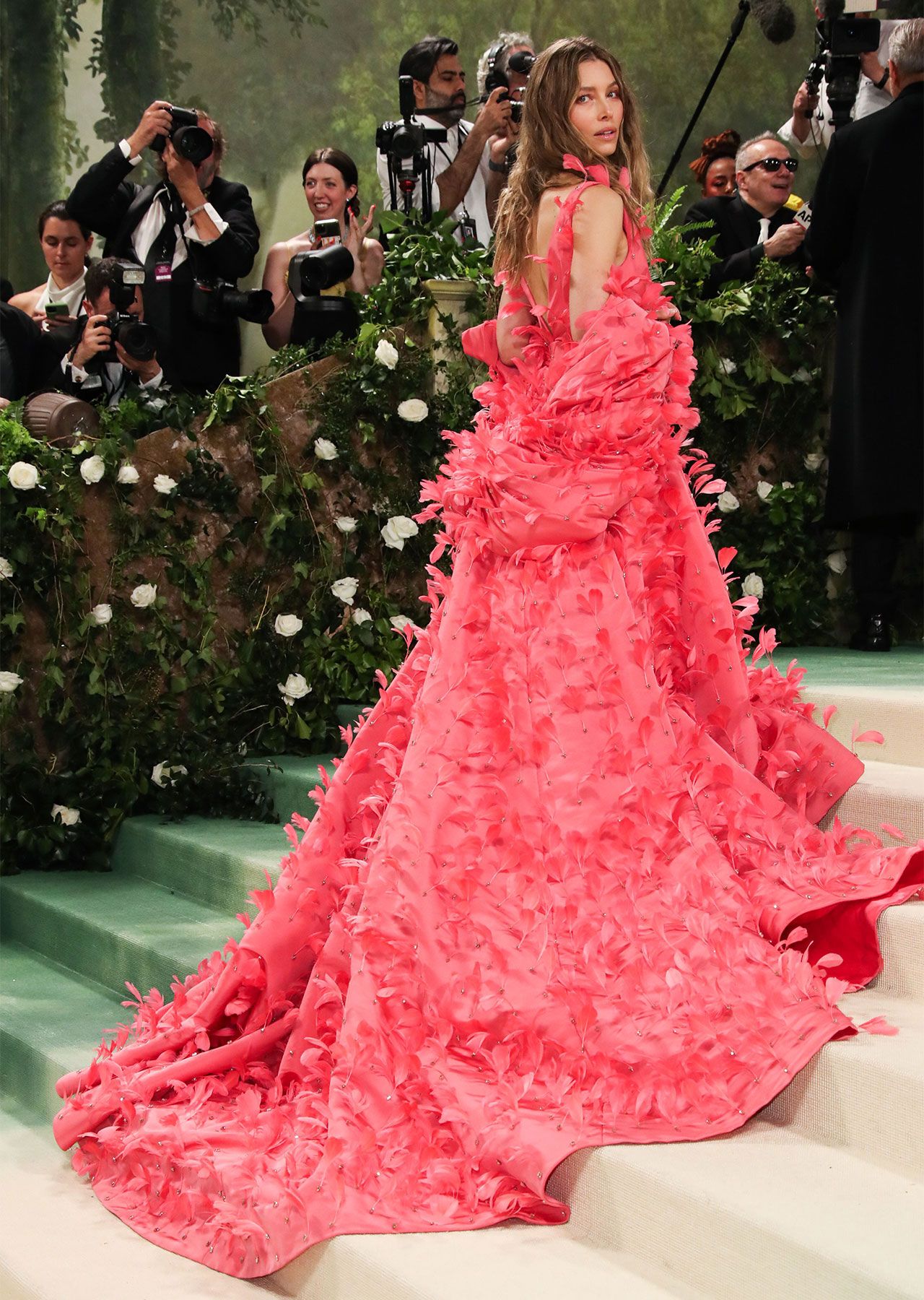 Jessica Biel Met Gala 2024 pink Tamara Ralph SS24 plunging floral dress