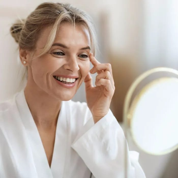 Happy woman admiring her skin in the mirror.