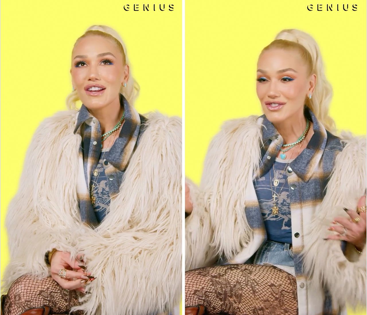 Gwen Stefani fur coat and fishnet tights on Genius
