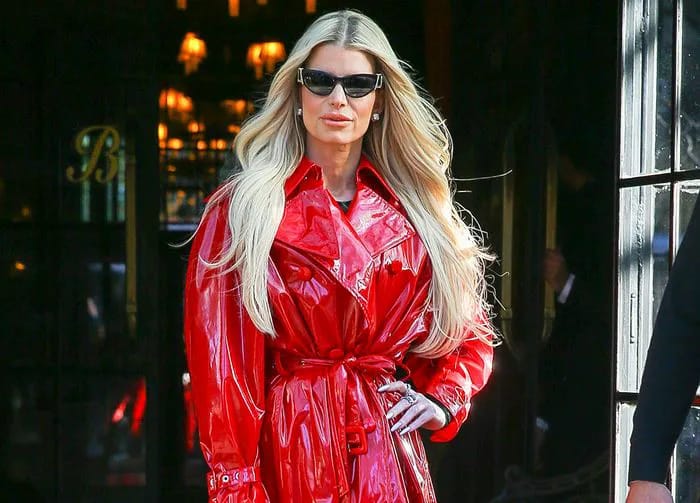 Jessica Simpson red trench coat NYC