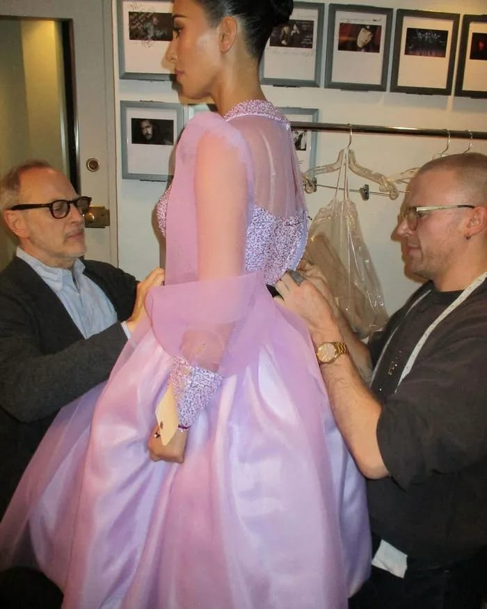 Kim Kardashian fitting purple tulle dress for SNL50 event