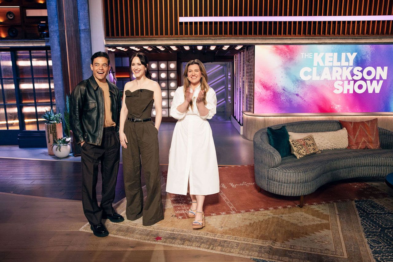 Kelly Clarkson with Rami Malek and Rachel Brosnahan on The Kelly Clarkson Show