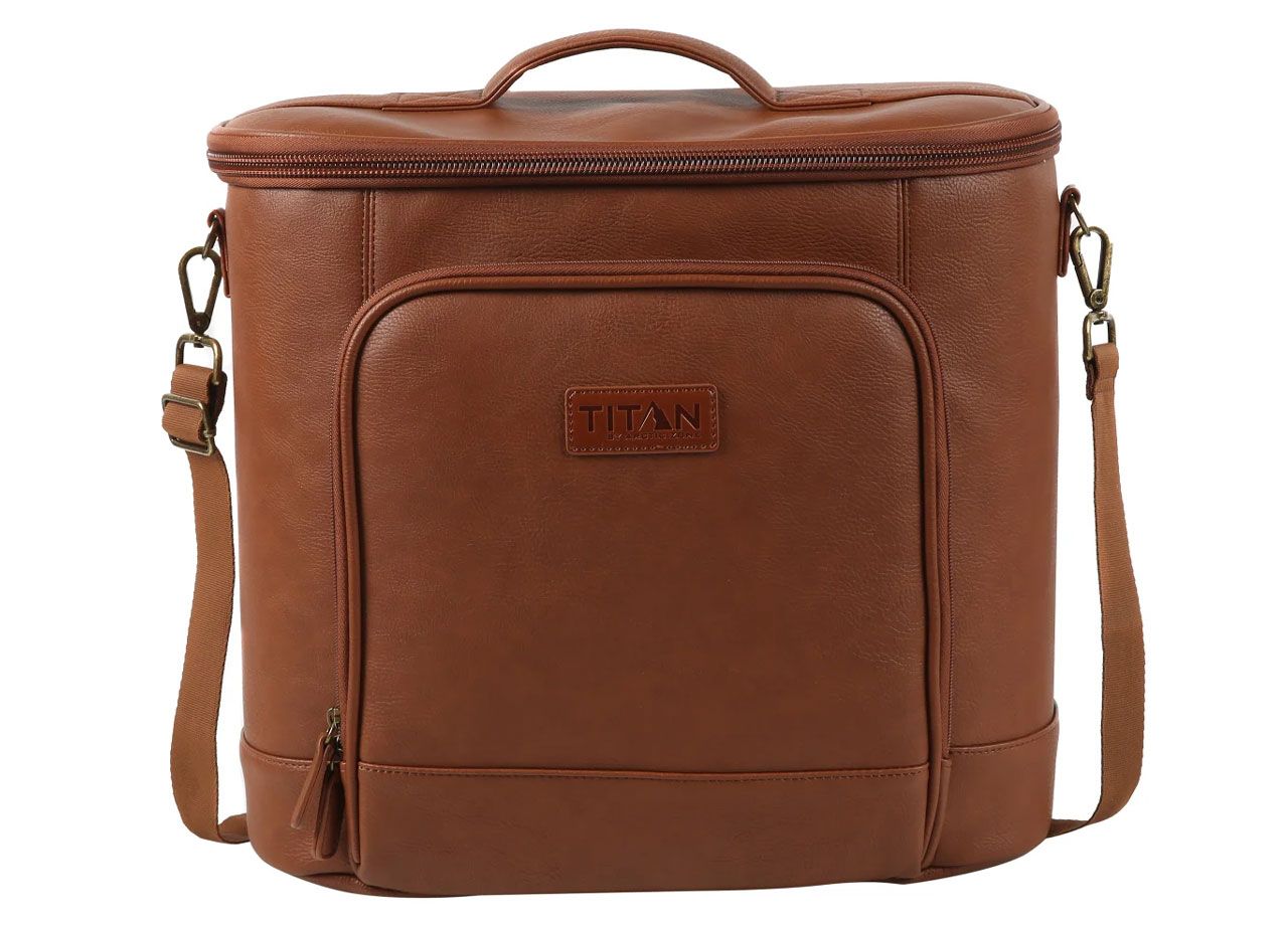 brown leather cooler bag