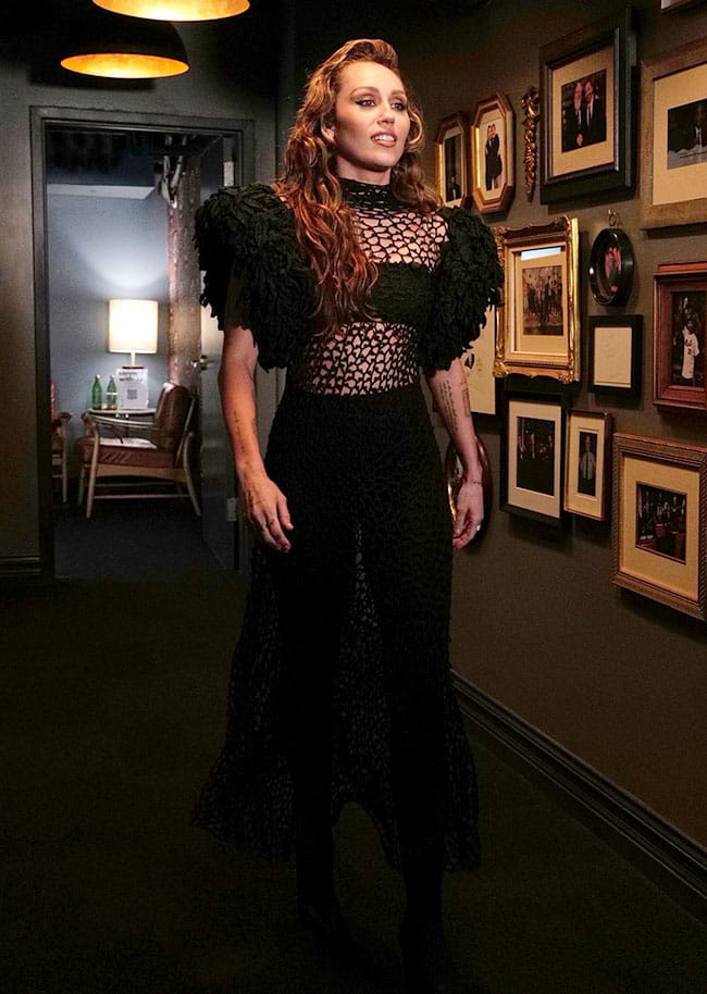Miley Cyrus in netted Alaia dress on Jimmy Kimmel Live